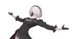  1girl 2b_(nier:automata) bad_bcy_id bad_id black_blindfold black_gloves black_hairband blindfold breasts cleavage cleavage_cutout closed_mouth clothing_cutout facing_viewer gloves hair_over_one_eye hairband highres maredoro mole mole_under_mouth nier_(series) outstretched_arms puffy_sleeves red_lips short_hair simple_background solo upper_body white_background white_hair 
