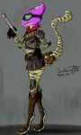  2023 bandage bandaged_arm bandaged_leg bandaged_tail boots bottomwear clothed clothing digital_drawing_(artwork) digital_media_(artwork) female footwear gloves goggles_on_face gun handwear hi_res kobold mica_(soulwing98) ranged_weapon scalie skirt soulwing98 tailbags traditional_media_(artwork) weapon 