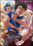 1girl 2boys absurdres alcohol android_17 anger_vein angry black_hair blue_eyes blue_hair blue_shirt bottle bulma dragon_ball dragon_ball_super flower flower_necklace food highres ice_cream ice_cream_cone looking_at_another multiple_boys muscular muscular_male open_mouth orange_nails outdoors patreon_username piccolo purple_hair sarulart shirt short_hair son_gohan son_goku spiked_hair trunks_(dragon_ball) vegeta 