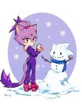  1girl blaze_the_cat blush carrot cat_girl cat_tail eyelashes forehead_jewel gloves high_heels highres looking_at_viewer looking_back ponytail purple_fur rfts10919 scarf snow snowing snowman sonic_(series) sonic_the_hedgehog tail yellow_eyes 