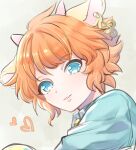  1boy animal_ears aqua_eyes aqua_shirt grey_background heart horns looking_at_viewer male_focus mel6969 open_mouth orange_hair selen_(show_by_rock!!) sheep_boy sheep_ears sheep_horns shirt short_hair short_sleeves show_by_rock!! smile solo 