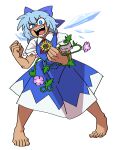  1girl :d absurdres barefoot blue_bow blue_dress blue_eyes blue_hair bow cirno clenched_hands collared_shirt commentary detached_wings dress eddybird55555 flower full_body hair_bow highres ice ice_wings looking_at_viewer open_mouth purple_flower ringed_eyes sharp_teeth shirt short_hair smile solo standing sunflower tan tanned_cirno teeth touhou white_shirt wings 