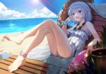  1girl :d absurdres bare_legs barefoot beach beach_chair bikini blue_eyes blue_sky cloud crossed_legs cup day fang full_body grey_hair hair_between_eyes hat hat_removed headwear_removed highres holding holding_cup honkai_(series) honkai_impact_3rd long_hair looking_at_viewer mo_ying_yu ocean outdoors see-through short_shorts shorts sitting skin_fang sky smile solo straw_hat swimsuit theresa_apocalypse white_bikini 