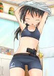  1girl armpits arms_up black_hair blue_shorts blush breasts closed_eyes collarbone commentary_request cup door drinking_glass facing_viewer faucet gun handgun indoors long_hair minipat_(sketch_wall) mirror navel open_mouth original shirt short_shorts shorts small_breasts solo toothbrush undressing weapon weapon_request white_shirt 