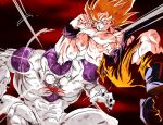  2boys abs angry attack biceps blonde_hair blood blood_spray boots bulging_eyes clenched_teeth dragon_ball dragon_ball_z fighting frieza highres looking_at_another male_focus motion_lines multiple_boys muscular muscular_male open_mouth outdoors pants pectorals red_sky sash signature sky son_goku spiked_hair stynl_f super_saiyan super_saiyan_1 tail teeth torn_clothes wide-eyed wristband 