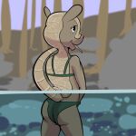  anthro armadillo bikini clothing female forest hand_in_bottomwear kaylee_(study_partners) mammal masturbation partially_submerged pink_nose plant solo study_partners swimwear tail thunderouserections tree water xenarthran 