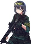  1girl :d armband assault_rifle black_hair blue_eyes blush commentary eyewear_on_head fingerless_gloves flugel_(kaleido_scope-710) gloves green_armband green_gloves green_shirt gun h&amp;k_hk416 heckler_&amp;_koch highres holding holding_gun holding_weapon load_bearing_vest long_sleeves looking_at_viewer medium_hair open_mouth original rifle shirt simple_background smile solo sunglasses vest weapon white_background 