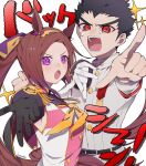  1boy 1girl :o absurdres animal_ears artist_name belt black_hair blush brown_hair crossover danganronpa:_trigger_happy_havoc danganronpa_(series) epaulettes flower_in_eye highres horse_ears horse_girl ishimaru_kiyotaka konemu long_hair neckerchief pointing pointing_at_viewer ponytail purple_eyes red_eyes sakura_bakushin_o_(umamusume) short_hair symbol_in_eye trait_connection umamusume white_gakuran widow&#039;s_peak yellow_neckerchief 