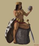  1girl armlet artist_name bare_legs barefoot breasts breasts_apart brown_background brown_hair earrings full_body highres holding holding_skull hoop_earrings jewelry long_hair medium_breasts nnnmengmeng original parted_lips rock shield simple_background sitting skull solo sword weapon 