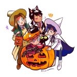  2boys 2girls animal_ears artist_name black_gloves black_hair cape cat_ears earrings gloves green_eyes halloween happy hat jack-o&#039;-lantern jewelry kuroneko_(trigun) maridoodles meryl_stryfe milly_thompson multiple_boys multiple_girls nicholas_d._wolfwood one_eye_closed simple_background trigun vash_the_stampede white_background white_cape white_footwear white_headwear witch_hat 