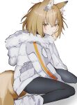  1girl animal_ear_fluff animal_ears arknights black_pantyhose blonde_hair coat fox_ears fox_girl fox_tail fur-trimmed_hood fur_trim hair_between_eyes hair_ornament hairclip highres hood hood_down hooded_coat inu_to_milk long_sleeves looking_at_viewer notched_ear orange_eyes pantyhose short_hair simple_background sitting solo tail vermeil_(arknights) wariza white_background white_coat white_footwear winter_clothes winter_coat 