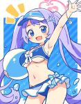  1girl :d arm_up ball beachball bikini bikini_skirt blue_archive blue_background blue_bikini blue_eyes bow bracelet breasts commentary fang halo hanae_(blue_archive) happy jewelry large_breasts looking_at_viewer onyhakase open_mouth purple_hair salute simple_background smile solo sports_bikini standing swimsuit twintails underboob visor_cap water white_bow 