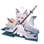  1girl 1other absurdres aged_down ahoge animal_ears azur_lane barefoot black_gloves blue_eyes chinese_commentary collarbone commentary_request detached_sleeves dress fox_ears fox_girl fox_tail gloves hair_between_eyes highres holding holding_sword holding_weapon kawakaze_(azur_lane) liwendala long_hair manjuu_(azur_lane) parted_lips pixiv_id simple_background sitting sleeveless sleeveless_dress solo_focus sword tail toes wariza weapon white_background white_dress white_hair white_sleeves wide_sleeves 