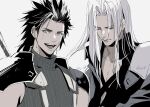  2boys absurdres armor black_hair black_jacket buster_sword chest_strap closed_eyes closed_mouth final_fantasy final_fantasy_vii final_fantasy_vii_remake grey_hair grey_shirt hair_slicked_back highres jacket long_bangs long_hair long_sleeves looking_at_viewer male_focus medium_hair multiple_boys open_mouth parted_bangs scar scar_on_cheek scar_on_face sephiroth shirt shoji_sakura shoulder_armor sleeveless sleeveless_turtleneck smile suspenders turtleneck upper_body weapon weapon_on_back white_background zack_fair 