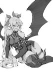  1girl akindnoodle bare_shoulders bat_wings black_nails bow brooch demon_girl demon_girl_(steedoj) demon_wings earrings greyscale hair_bow heart heart_brooch heart_earrings highres jewelry long_hair long_sleeves looking_at_viewer monochrome open_mouth original pointy_ears slit_pupils smile solo spread_wings thigh_strap twintails very_long_fingernails very_long_hair wings 