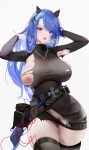 1girl ammunition belt black_dress blue_hair breasts curvy dress echocalypse female_pubic_hair fenriru_(echocalypse) highres jewelry large_breasts long_hair long_sleeves looking_at_viewer necklace nipples omone_hokoma_agm pubic_hair purple_eyes solo thick_thighs thighhighs thighs torn_clothes torn_dress white_background wide_hips 