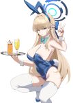  1girl absurdres alcohol animal_ears aqua_bow aqua_bowtie areola_slip bare_shoulders blonde_hair blue_archive blue_leotard bow bowtie breasts cleavage commentary_request cup detached_collar drinking_glass fake_animal_ears fake_tail halo highres holding holding_tray horin large_breasts leotard long_hair looking_at_viewer playboy_bunny rabbit_ears rabbit_tail solo squatting strapless strapless_leotard tail thighhighs toki_(blue_archive) toki_(bunny)_(blue_archive) tray v white_thighhighs 