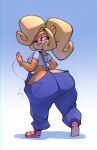  2023 activision anthro bandicoot big_butt bigdad blonde_hair blue_eyes butt clothed clothing coco_bandicoot crash_bandicoot_(series) eyeshadow female hair huge_butt looking_at_viewer looking_back looking_back_at_viewer makeup mammal marsupial one_eye_closed overalls simple_background smile solo wink winking_at_viewer 
