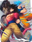  biceps black_hair blue_eyes blue_sash body_fur closed_mouth dougi dragon_ball dragon_ball_gt dragon_ball_super dual_persona gloves long_hair male_focus monkey_boy monkey_tail multiple_boys muscular muscular_male no_nipples ommmyoh pants pectorals red_fur saiyan sash smile son_goku spiked_hair super_saiyan super_saiyan_4 super_saiyan_blue tail twitter_username vegeta yellow_pants 