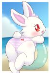  absurd_res anthro beach bluehiyokobunny blush butt clothing female fur hi_res inflatable inner_tube jewelpet lagomorph leporid looking_at_viewer looking_back looking_back_at_viewer mammal pattern_clothing pattern_swimwear rabbit rear_view red_eyes ruby_(jewelpet) sanrio sea seaside semi-anthro solo striped_clothing striped_swimwear stripes swimwear water white_body white_fur 