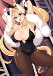  1girl animal_ears armpits arms_behind_head arms_up black_leotard black_pantyhose blonde_hair bow bowtie breasts detached_collar fake_animal_ears fang ghoulmommie goddess_of_victory:_nikke green_eyes hair_between_eyes highres huge_breasts leotard long_hair official_alternate_costume open_mouth pantyhose playboy_bunny rabbit_ears rupee_(nikke) rupee_(rabbit_deluxe)_(nikke) skin_fang strapless strapless_leotard thick_thighs thighs very_long_hair yellow_bow yellow_bowtie 