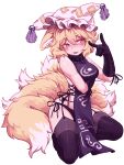  1girl animal_ears arm_under_breasts black_gloves black_panties black_thighhighs blonde_hair blush commentary english_commentary fox_ears fox_girl fox_shadow_puppet fox_tail full_body garter_straps gloves hair_between_eyes hat highres kitsune kneeling mob_cap multiple_tails open_mouth panties short_eyebrows short_hair simple_background solo tabard tail thighhighs touhou underwear variant_set white_background white_headwear yakumo_ran yellow_eyes zuomerika 