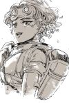  1girl animification apex_legends flat_chest floating_hair freckles from_side gloves greyscale hair_behind_ear hand_on_own_chest horizon_(apex_legends) monochrome mononobex open_mouth short_hair smile solo spacesuit upper_body white_background 