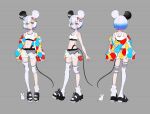  1girl animal animal_ears bare_shoulders black_footwear blue_hair breasts closed_mouth gradient_hair grey_background grey_eyes grey_hair grey_shorts hair_between_eyes highres jacket long_sleeves loose_socks medium_breasts mika_pikazo mouse mouse_ears mouse_girl mouse_tail multicolored_hair multiple_views off_shoulder open_clothes open_fly open_jacket open_shorts original puffy_long_sleeves puffy_sleeves purple_hair sandals see-through short_shorts shorts shorts_under_shorts simple_background single_sock single_thighhigh sleeves_past_wrists socks tail thighhighs white_shorts white_socks white_thighhighs 