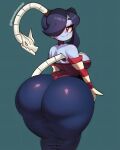  1girl ass back bare_shoulders blue_hair blue_skin breasts colored_skin highres huge_ass leviathan_(skullgirls) looking_at_viewer monochromeai red_eyes side_ponytail sideboob simple_background skullgirls smile squigly_(skullgirls) stitches wide_hips zombie 