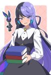  1girl :d black_dress black_hair blue_hair book book_stack brooch carron_(waccha_primagi!) carron_(waccha_primagi!)_(rabbit) collared_shirt commentary_request cowboy_shot dolldolldd dress dual_persona highres holding holding_book jewelry korean_commentary long_hair long_sleeves looking_at_viewer multicolored_hair open_mouth pretty_series purple_eyes purple_hair rabbit shirt smile standing very_long_hair waccha_primagi! white_shirt 