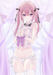  1girl absurdres bare_shoulders binding black_ribbon frilled_panties frilled_shirt frills hair_ribbon heart heart-shaped_pupils highres murur_(matsumikoru) original panties pink_eyes pink_hair ribbon shirt symbol-shaped_pupils thighhighs twintails underwear white_thighhighs 