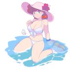  1girl akie_(saru_getchu) breasts cleavage closed_mouth collarbone earrings full_body green_eyes hat highres jewelry large_breasts long_hair looking_at_viewer pompadour red_hair saru_getchu saru_jia smile solo swimsuit water 