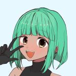  1girl :d black_gloves breasts dark-skinned_female dark_skin earrings fangs gloves green_hair jewelry looking_at_viewer non-web_source original picrew smile v 