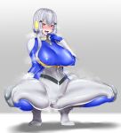  1girl absurdres alternate_breast_size blonde_hair blue_gloves bodysuit breasts covered_nipples crossover curvy eyebrows_hidden_by_hair full_body gloves grey_hair hakase_fuyuki highres karasu_(jjwh2832) large_breasts long_hair medium_breasts nijisanji open_mouth pilot_suit science_fiction shinkansen_henkei_robo_shinkalion shinkansen_henkei_robo_shinkalion_z skin_tight small_breasts smile spread_legs squatting steaming_body twintails v-shaped_eyebrows virtual_youtuber 