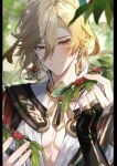  1boy berry blonde_hair closed_eyes closed_mouth day earrings feather_hair_ornament feathers genshin_impact hair_between_eyes hair_ornament highres holding jewelry kaveh_(genshin_impact) leaf male_focus outdoors pectoral_cleavage pectorals pillarboxed red_eyes solo sonomi twitter_username upper_body 