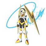  1girl android armor artist_request blonde_hair bodystocking boots breasts chest_jewel codpiece electricity energy_weapon forehead_jewel gauntlets gloves holding holding_weapon holding_whip long_hair lowres mega_man_(series) mega_man_x_(series) official_art oro_s red_eyes shoulder_armor small_breasts twintails weapon 