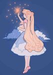  1girl absurdres bishoujo_senshi_sailor_moon blonde_hair blue_background cloud crescent_moon double_bun facing_away full_body hair_bun highres long_hair meyoco moon pink_footwear pink_shirt shirt shoes short_sleeves simple_background solo sparkle tsukino_usagi twintails very_long_hair 