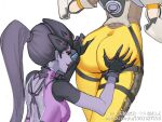  2girls artist_request ass ass_grab bad_source colored_skin gloves hair_pulled_back looking_at_ass multiple_girls overwatch overwatch_1 purple_skin simple_background spider_tattoo tattoo tongue tracer_(overwatch) widowmaker_(overwatch) 