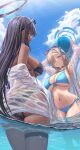  2girls arms_up ass asuna_(blue_archive) back ball bare_shoulders beachball bikini black_bikini black_hair blue_archive blue_bikini blue_eyes blue_ribbon blue_sky blush breasts choker cleavage dark-skinned_female dark_skin eyewear_on_head grin hair_over_one_eye hair_ribbon halo highres karin_(blue_archive) large_breasts light_brown_hair long_hair long_sleeves looking_at_viewer looking_back multiple_girls navel off_shoulder open_clothes open_shirt ribbon shirt silver_bullet_(ecc12_8) sky smile sunglasses swimsuit thigh_strap thighs very_long_hair wading water wet white_shirt yellow_eyes 