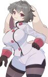  absurd_res anthro arumo big_breasts breasts clothing eyes_closed female grey_hair hair hi_res lagomorph legwear leporid long_sleeves looking_at_viewer mammal rabbit red_eyes short_hair smile solo tights 