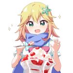  1girl blonde_hair blue_scarf commission food fruit gabriel_dropout green_eyes hair_between_eyes hair_ornament haru_(konomi_150) holding holding_spoon open_mouth parfait pixiv_commission scarf short_hair short_sleeves simple_background smile solo sparkle spoon strawberry strawberry_parfait tapris_chisaki_sugarbell white_background 