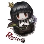  1girl black_dress black_hair character_name crown dress flower full_body kizdollark leaf looking_at_viewer lowres mini_crown own_hands_together parted_lips plant red_eyes rose rose_(rose_to_tasogare_no_kojou) rose_to_tasogare_no_kojou short_hair simple_background sitting solo thorns vines wariza white_background white_flower white_rose 