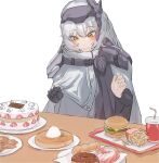  1girl blush burger cake cloak doughnut drooling food french_fries goddess_of_victory:_nikke goggles goggles_on_head grin highres k.uncomfortable pancake simple_background smile snow_white_(nikke) solo white_background white_hair yellow_eyes 