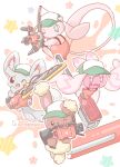  .52_gal_(splatoon) animal_focus artist_name asakoline baseball_cap black_eyes blue_eyes bow_(weapon) brown_fur buneary colored_skin commentary_request eyelashes flingza_roller_(splatoon) green_headwear grey_fur gun hat holding holding_bow_(weapon) holding_gun holding_sword holding_weapon mew_(pokemon) minccino no_humans one_eye_closed open_mouth pink_skin pokemon pokemon_(creature) rabbit salmon_run_(splatoon) smile solid_oval_eyes splatana_wiper_(splatoon) splatoon_(series) splatoon_3 star_(symbol) sword tail tinkaton tri-stringer_(splatoon) weapon white_background 