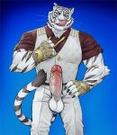  anthro balls bottomwear clothed clothing epic_games erection eye_scar facial_scar felid fingerless_gloves fortnite genitals glans gloves gradient_background handwear hi_res humanoid_genitalia humanoid_penis looking_at_viewer male mammal muscular muscular_anthro muscular_male oscar_(fortnite) pantherine pants penis rossciaco scar shirt simple_background solo standing tail tiger topwear 