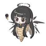  1girl :3 arknights ascot black_ascot black_eyes black_gloves black_hair black_halo black_wings blunt_bangs blush broken_halo chibi chinese_commentary commentary_request dark_halo detached_wings energy_wings food full_body gloves halo highres hime_cut holding holding_ice_cream_cone ice_cream ice_cream_cone long_hair longqi mole mole_under_eye sidelocks simple_background smile solo very_long_hair virtuosa_(arknights) white_background wings 
