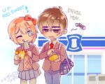  1boy 1girl ;q bag blazer blue_eyes blue_skirt blush bow brown_hair charm_(object) chicken_print coin_purse commentary doki_doki_literature_club english_text engrish_text food hair_bow hair_ornament jacket light_blush lowres necktie one_eye_closed orange_vest pink_hair popsicle protagonist_(doki_doki_literature_club) ranguage red_bow red_necktie red_ribbon ribbon sayori_(doki_doki_literature_club) school_bag school_uniform simple_background skirt smile sora_(efr) speech_bubble storefront tongue tongue_out vest watermark 