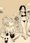  2boys 2girls absurdres beard beelzebub_(sand_land) bikini breasts cloud creator_connection crossover cup demon_boy demon_tail disposable_cup dragon_ball dragon_ball_z drinking drinking_straw erasa_(dragon_ball) facial_hair food fruit greyscale groin headband highres large_breasts low_twintails lowleg lowleg_bikini male_swimwear medium_breasts monochrome multiple_boys multiple_girls navel official_style palm_tree pink_mousse pointy_ears sand_land sand_sculpture sepia short_hair side-tie_bikini_bottom sunglasses swim_trunks swimsuit tail thief_(sand_land) toriyama_akira_(style) tree twintails videl watermelon 