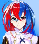  1girl alear_(female)_(fire_emblem) alear_(fire_emblem) blue_background blue_eyes blue_hair closed_mouth crossed_bangs english_commentary fire_emblem fire_emblem_engage glassschicken gradient_background heterochromia highres light_smile long_hair looking_at_viewer multicolored_hair portrait red_eyes red_hair smile solo two-tone_hair 