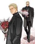  albert_wesker black_footwear black_gloves black_suit blonde_hair bouquet brick_floor closed_mouth flower gloves hair_slicked_back jacket orange_eyes resident_evil simple_background suit sunglasses tatsumi_(psmhbpiuczn) turtleneck white_background 